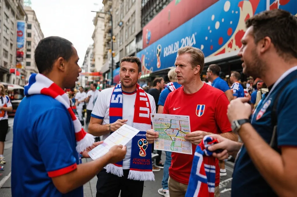 球迷在城市街头拿着比赛日程讨论行程